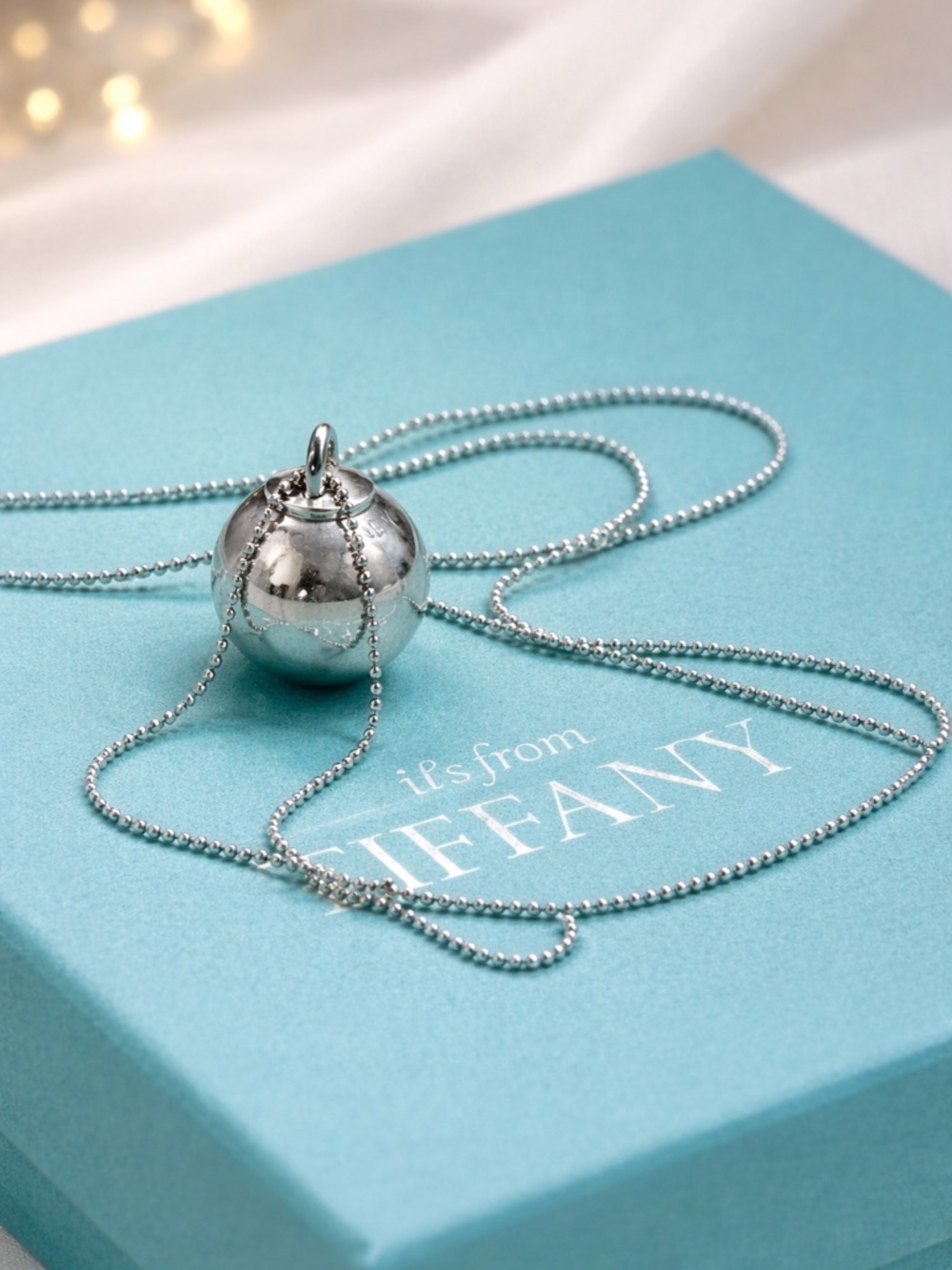 Authentic Tiffany & Co Hardware Ball Pendant on 30” Mini Ball Chain